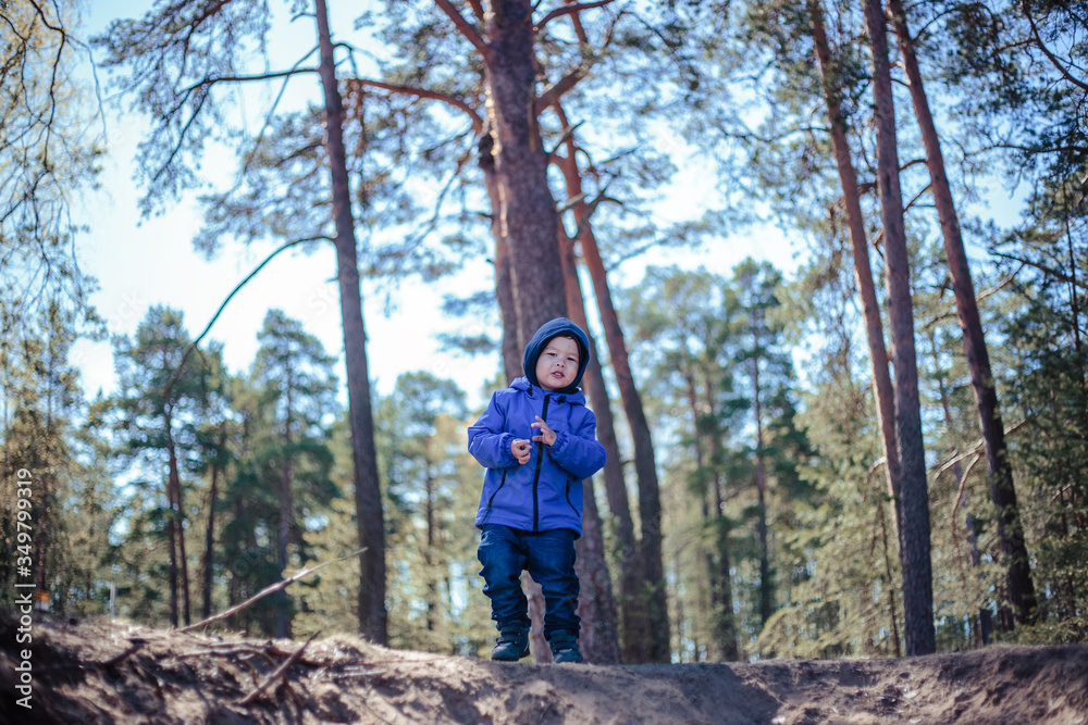 Little boy alone in a spring forest