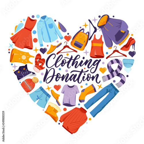 Used clothing donation, banner poster calligraphy lettering. Social humanitarian aid and charity, vector design elements