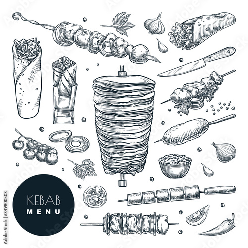 Doner kebab set. Vector hand drawn sketch illustration. Beef, lamb and chicken barbecue meat, restaurant design elements