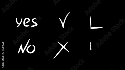 Animation of handwrite YES, NO, check mark and X symbol in red and green colors. Alpha matte. 4k