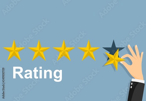 Star rating. Businessman holding a gold star in hand, to give five. Feedback concept. Evaluation system. Positive review. Vector illustration flat design.