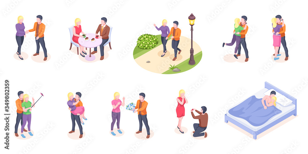 Couple in love, isometric vector, man and woman dating, happy time together. Couple in love romantic hugs, kissing and walking together, coffee at cafe, wedding proposal and engagement flowers gift