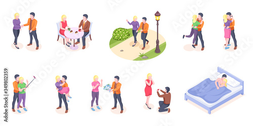 Couple in love, isometric vector, man and woman dating, happy time together. Couple in love romantic hugs, kissing and walking together, coffee at cafe, wedding proposal and engagement flowers gift