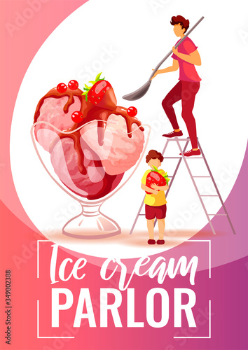 Flyer design for Ice cream parlor or shop, Sweet products, Dessert. Scoops of ice cream in a vase and tiny people. A4 vector illustration for poster, banner, flyer, commercial, menu. 