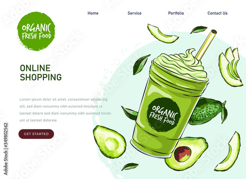 eco market avocado farm product. Vector drawing vegetables. Organic farm store. Avocado market eco landing page template, ingredients vector illustration. Eco healthy, phone app