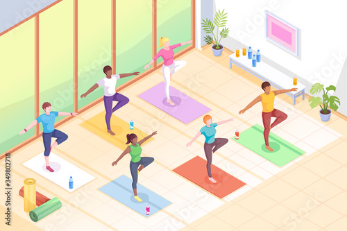 Yoga class, people in poses on yoga mats, fitness exercise vector isometric illustration. Women in yoga class body balance and stretch pilates, fitness sport workout, mediation and wellness activity