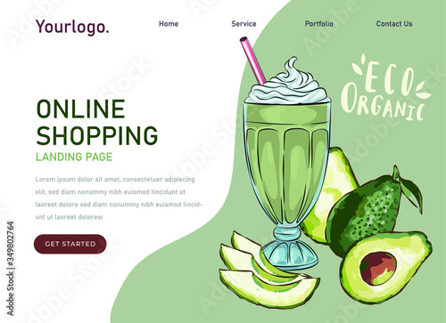 Vector illustration of vegan detox smoothie. Hand drawn recipe of healthy drink made of avocado,Hand drawn smoothie recipe, Eco healthy ingredients vector illustration. Great for poster, banner, vouch