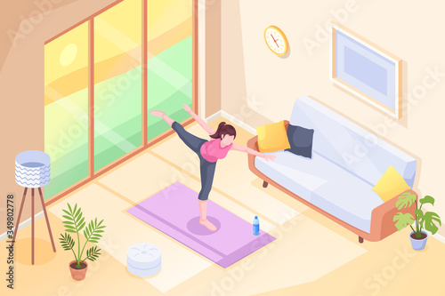 Yoga at home, woman doing exercise pose in room on yoga mat, vector isometric illustration. Yoga sport and stretch workout or morning exercises in room, girl home fitness and health activity