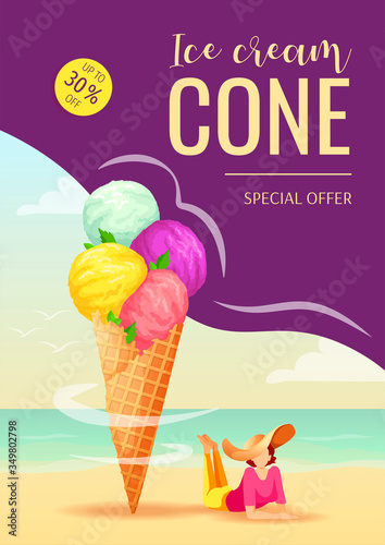 Flyer design for Ice cream shop or parlor, Sweet products, Dessert, Summer. Ice cream cone and woman lying on the beach. A4 cector illustration for poster, banner, commercial, flyer, menu, cover. 