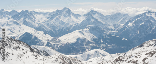 The magic and amazing panoramic view of freeze mountain range Alpes landscape scene from the highest nature peak panorama viewpoint. French Alps © guruXOX