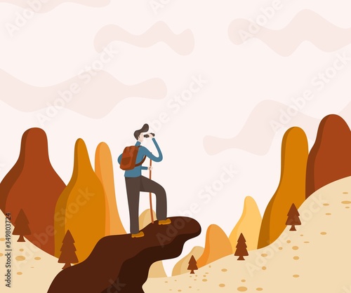 Explorer discovery, watch and explore touristic valley with traveller backpack.