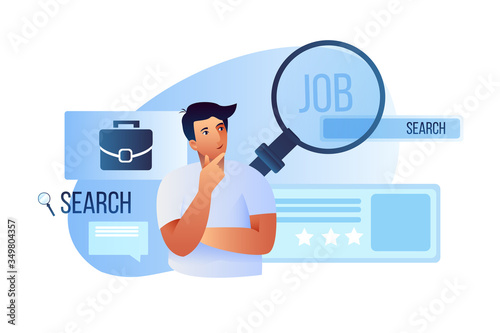 Vector illustration with young male freelancer looking for job online during crisis. Unemployment concept in flat style and blue colors with thoughtful man, magnifier, briefcase, abstract CV.