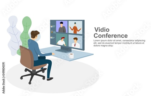 Video conference landing. People on computer screen taking with colleague.vector illustration