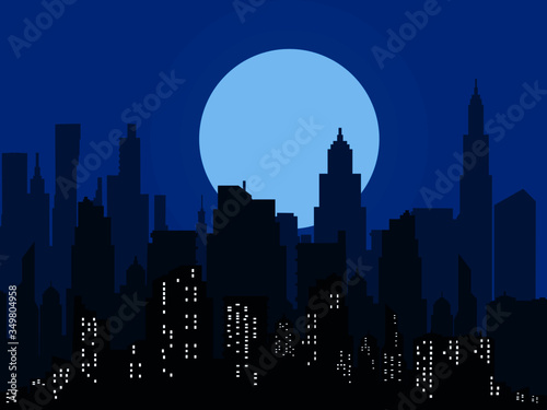 Night city vector.Dark urban scape.Night cityscape in flat style.