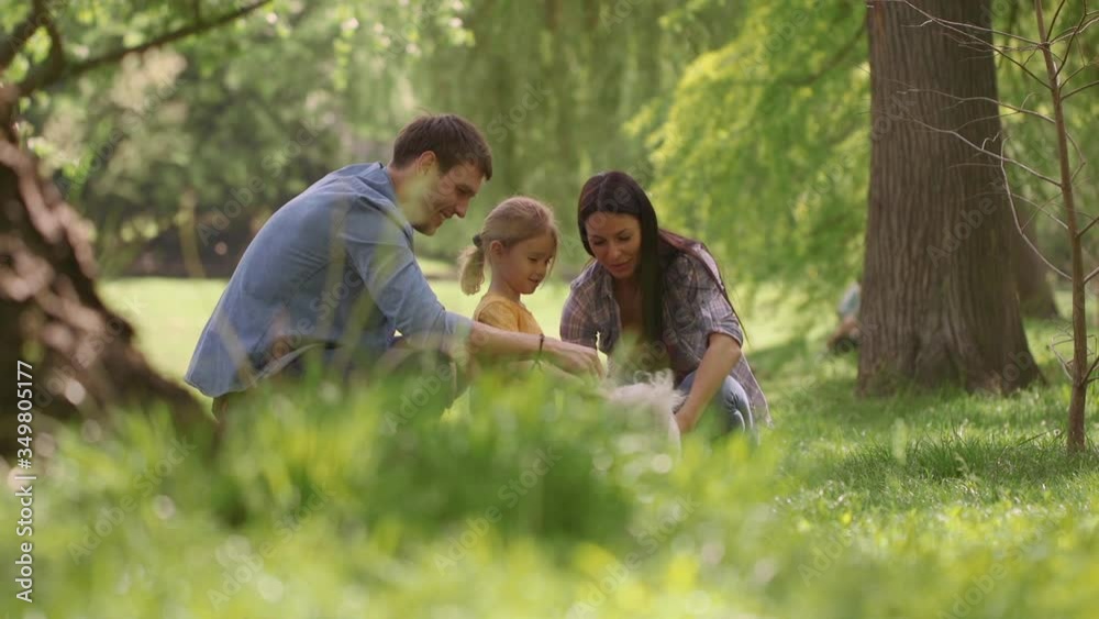 Beautiful happy family is having fun with bichon dog outdoors in the park Beautiful happy family is having fun with bichon dog outdoors in the park