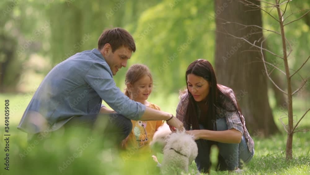 Beautiful happy family is having fun with bichon dog outdoors in the park Beautiful happy family is having fun with bichon dog outdoors in the park