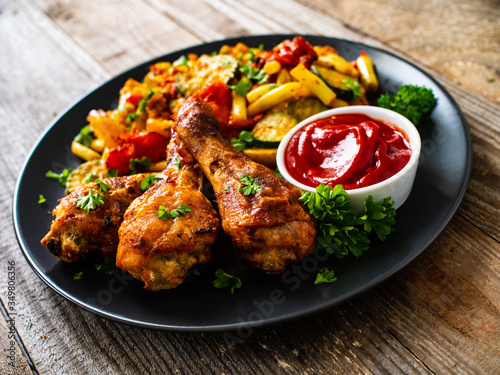 Barbecue chicken drumsticks with vegetables on wooden table 