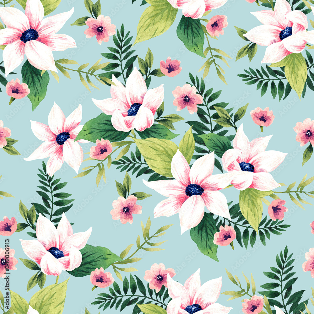 Obraz premium Seamless pattern with flowers. Watercolor illustration on a blue background. Design for textiles, souvenirs, fabrics, packaging and greeting cards and more.
