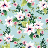 Seamless pattern with flowers. Watercolor illustration on a blue background. Design for textiles, souvenirs, fabrics, packaging and greeting cards and more.