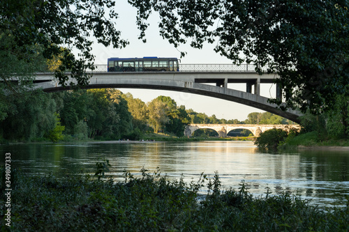 Empty bus crossing Loire river in France