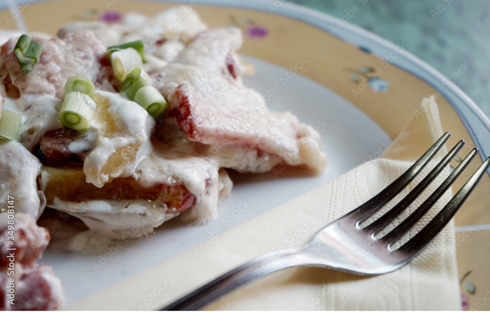 Chicken breast with mashed potatoes. Close up food photography.