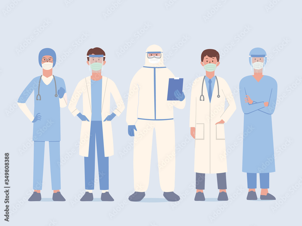 Doctor team in uniform and surgical mask and face shield and PPE suit standby for help Patient and work in stand pose. Staff prepare to protect people from virus and diseases. Character cartoon. Doctor team in uniform and surgical mask and face shield and PPE suit standby for help Patient and work in stand pose. Staff prepare to protect people from virus and diseases. Character cartoon.