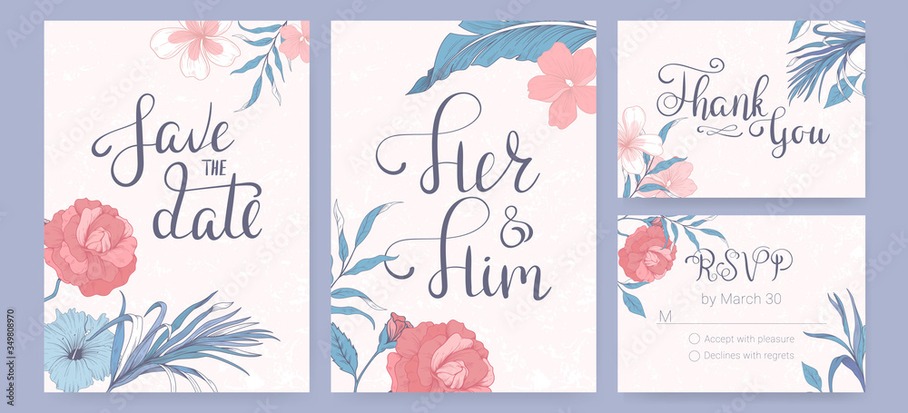 Set of wedding invitations with tropical flowers. Card Save the date, Her and Him, Thank you and RSVP
