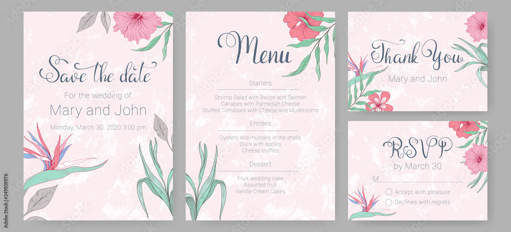 Set of wedding invitations with tropical flowers. Card Save the date, Menu, Thank you and RSVP
