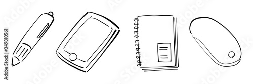 ペン,スマートフォン,メモ帳,マウスのフリーハンドで書いたベクターイラスト