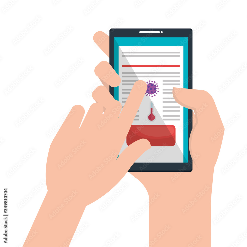 hands using searching covid 19 information online in smartphone vector illustration design hands using searching covid 19 information online in smartphone vector illustration design