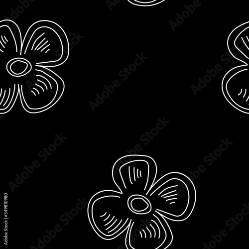 Seamless background flowers outline white on black. Hand drawn doodles. Basic design for packaging, cards and flyers.