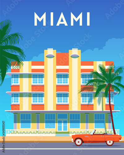 Miami city travel retro poster, sunny day in Art Deco District. Summer Florida vintage banner. Hand drawn flat vector illustration.