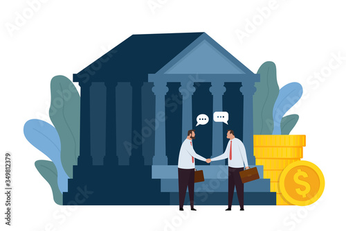 Business partnership concept. Handshake two successful businessmen. Bank building with business characters and coin stack. Vector illustration on white background.