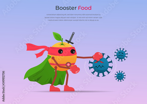 Funny cartoon character of orange superhero fight against outbreak viruses and bacteria. Power of booster food concept to fight disease. vector illustration