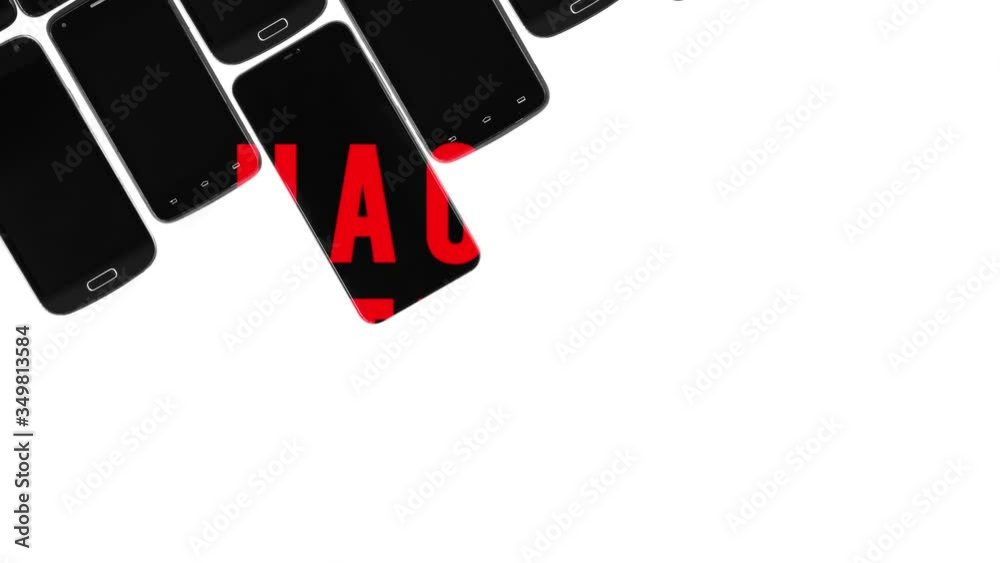 red distorted text hacker attack appears on black smartphones, set of black gadgets moves on diagonal on white background, seamless looping animation, title for intro video saver, broadcast headline