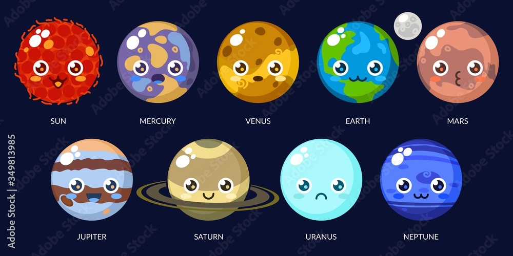 Funny Kawaii Planets With Different Faces. Solar System With Cute ...