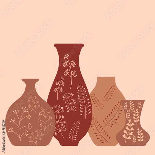 Handmade pottery, ceramic vases painted by hand. Pottery hobby. Flat vector illustration