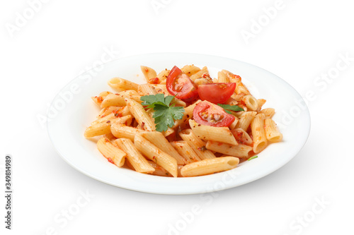 Plate with tasty pasta isolated on white background