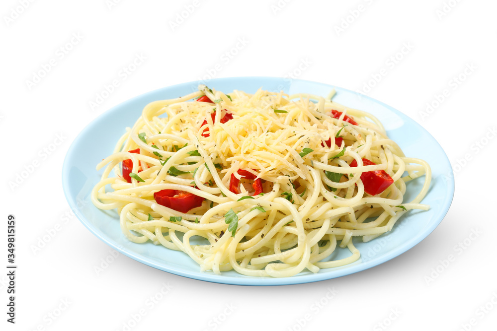 Plate with tasty pasta isolated on white background