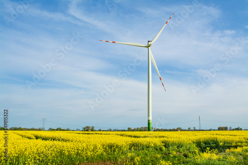 Green energy, wind farm and rapeseed field. Beautiful landscape in Poland.