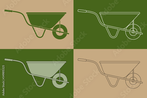 Variation d’un dessin de brouette pour le jardinage sur un fond beige ou vert. 
