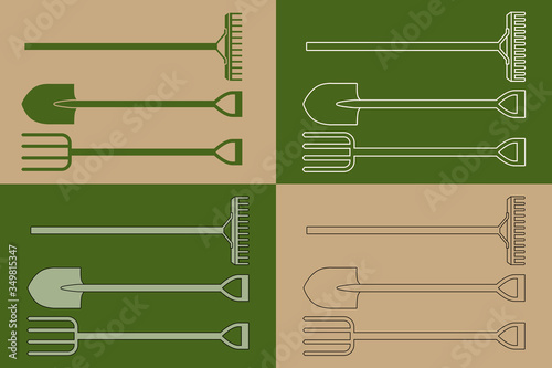 Variation de dessins d’outils de jardinage, pelle, fourche, râteau, sur un fond beige ou vert. 