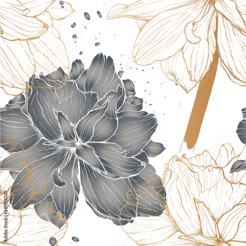 Romantic botanical pattern of   flowers - Lilies, in gold graphics and in grey fill ,sketch vector graphic color illustration on white background for postcards, posters, notebooks.