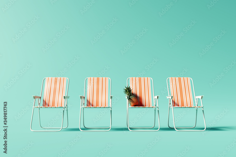 Orange chairs on pastel blue background. Summer minimal vacation concept. 3d rendering - obrazy, fototapety, plakaty 