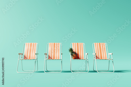 Orange chairs on pastel blue background. Summer minimal vacation concept. 3d rendering