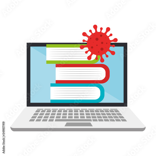 laptop for education online for particle covid 19 vector illustration design
