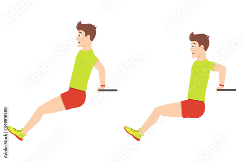 Exercise at home. Young handsome guy doing triceps exercises pushing up from a bench.