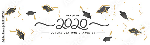 Class of 2020 handwritten typography lettering Congratulations graduates line design gold black cap white isolated background banner