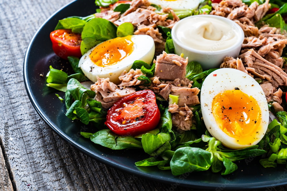 Tuna salad on wooden table
