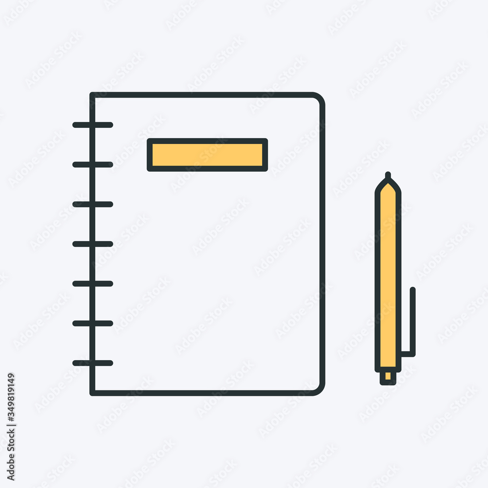 Notebook and pen line icon. Vector illustration of an opened paper notebook with writings. Also can be used as a logo, label, study or education symbol Notebook and pen line icon. Vector illustration of an opened paper notebook with writings. Also can be used as a logo, label, study or education symbol